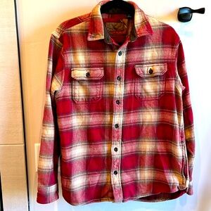 Handsome red and tan plaid flannel by Orvis, size M, gently used.